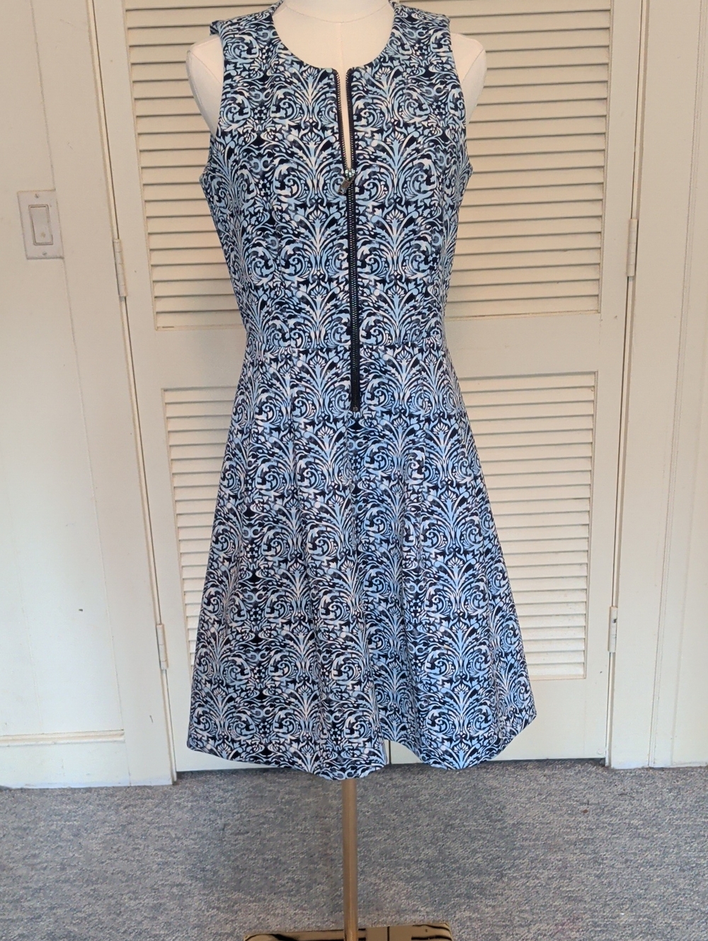 Sleeveless Blue & White Patterned Fit-and-Flare Dress
